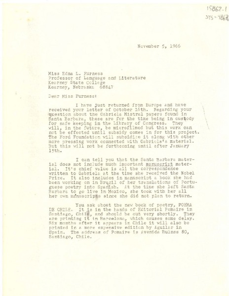 [Carta] 1966 nov. 5, Pound Ridge, New York, [Estados Unidos] [a] Edna L. Furness, Kearney, Nebraska, [Estados Unidos]