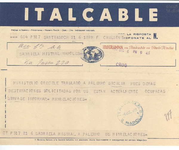 [Telegrama] 1952 dic. 6, Santiago, [Chile] [a] Gabriela Mistral, Nápoles
