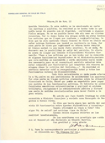 [Carta] 1952 nov. 24, Consulado General de Chile, Génova, Italia [a la] Querida Gabriela, [Nápoles], [Italia]