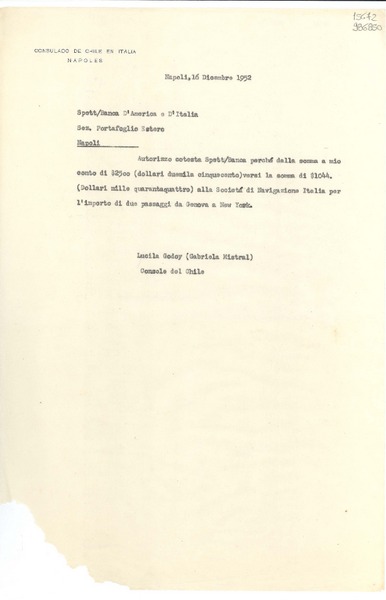 [Carta] 1952 dic. 16, Napoli, [Italia] [a] Spett Banca D'America e D'Italia, Sez. Portafoglio Estero, Napoli