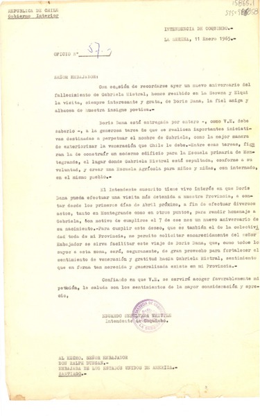 [Oficio] Nº 57, 1965 ene. 11, La Serena, Chile [a] Ralph Dungan, Embajada de los Estados Unidos de América, Santiago, [Chile]