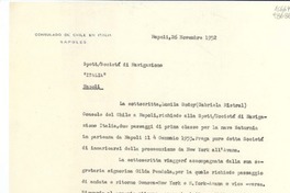 [Carta] 1952 nov. 26, Consulado de Chile, Nápoles, Italia [a la] SpettSocietá di Navigazione "Italia", Napoli, [Italia]