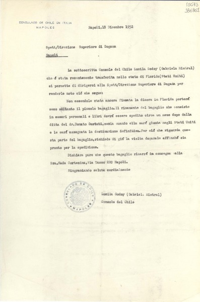 [Carta] 1952 dic. 18, Napoli, [Italia] [a] Spett Direzione Superiore Dogana, Napoli