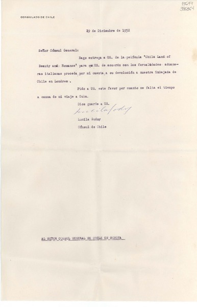 [Carta] 1952 dic. 29, [Italia] [al] Señor Cónsul General de Chile en Genova