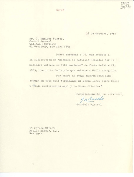 [Carta] 1955 oct. 26, New York, [Estados Unidos] [a] Sr. Enrique Bustos, Cónsul General, Chilean Consulate, 61 Broadway, New York City