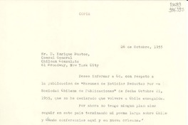 [Carta] 1955 oct. 26, New York, [Estados Unidos] [a] Sr. Enrique Bustos, Cónsul General, Chilean Consulate, 61 Broadway, New York City