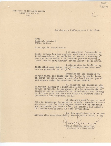 [Carta] 1954 ago. 3, Santiago de Chile [a la] Srta. Gabriela Mistral, Nueva York, [EE.UU.]