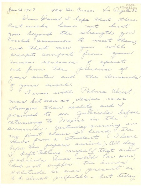 [Carta] 1957 jan. 12, Los Angeles, [Estados Unidos] [a] Doris Dana, [Long Island, New York, [Estados Unidos].