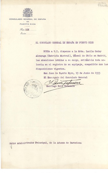 [Oficio] N° 168, 1933 jun. 19, San Juan de Puerto Rico [al] Señor Administrador Principal, de la Aduana de Barcelona, [España]
