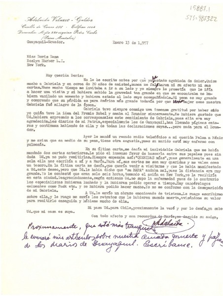 [Carta] 1957 ene. 13, Guayaquil, Ecuador [a] Doris Dana, New York, [Estados Unidos].