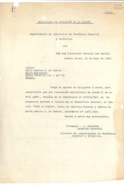 [Carta] 1950 mayo 13, Buenos Aires, [Argentina] [a la] Señora María Amelia B. de Bastos, Bello Horizonte, Santa Catarina 334 ap° 62, Brasil