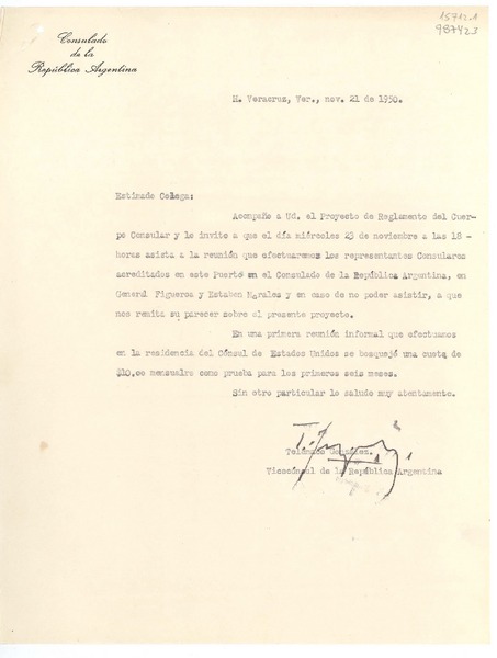[Carta] 1950 nov. 21, H. Veracruz, Ver., [México] [al] Estimado Colega