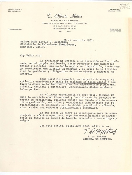 [Carta] 1951 ene. 20, 1510 Park Road, N. W., Washington 10, D.C., [EE.UU.] [a la] Señora Doña Lucila G. Alcayaga, Ministerio de Relaciones Exteriores, Santiago, Chile