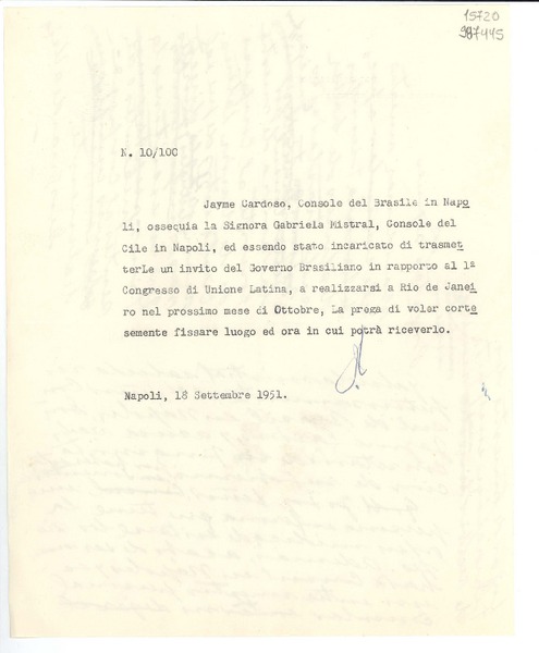 [Carta] 1951 sett. 18, Napoli, [Italia] [a] Gabriela Mistral