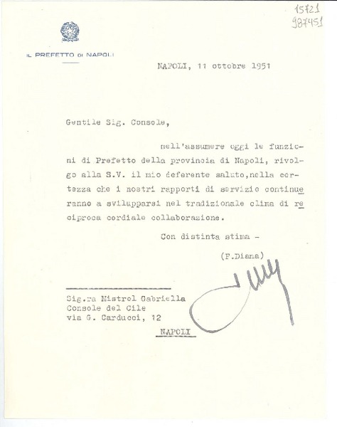 [Carta] 1951 ott. 11, Napoli, [Italia] [a] Signora Mistrol Gabriella, Console del Cile, Napoli