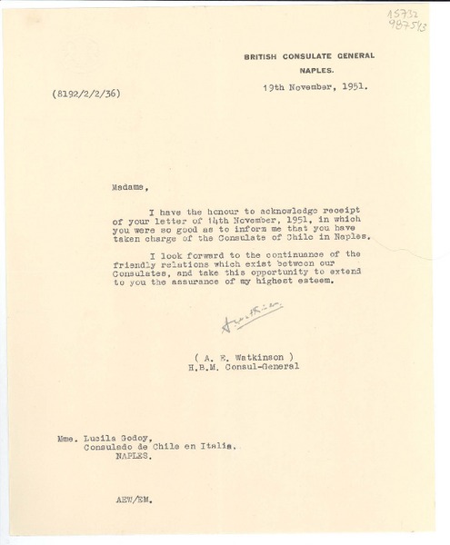 [Carta] 1951 Nov. 19, Naples, [Italy] [a la] Mme. Lucila Godoy, Consulado de Chile en Italia, Naples, [Italy]