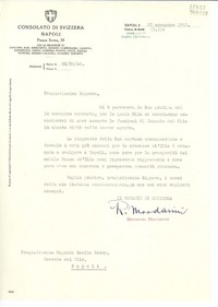 [Carta] 1951 nov. 20, Napoli, [Italia] [a la] Pregiatissima Signora Lucila Godoy, Console del Cile, Napoli, [Italia]
