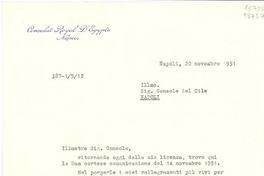 [Carta] 1951 nov. 20, Napoli, [Italia] [al] Illmo. Sig. Console del Cile, Napoli, [Italia]