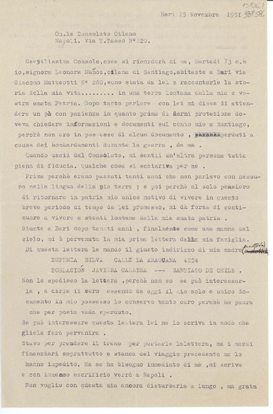 [Carta] 1951 nov. 15, Bari, [Italia] [a] Gentilissima Console