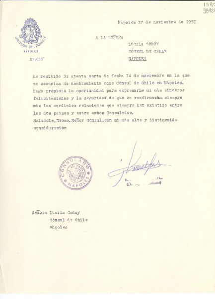 [Carta] 1951 nov. 17, Nápoles, [Italia] [a] Señora Lucila Godoy, Cónsul de Chile, Nápoles