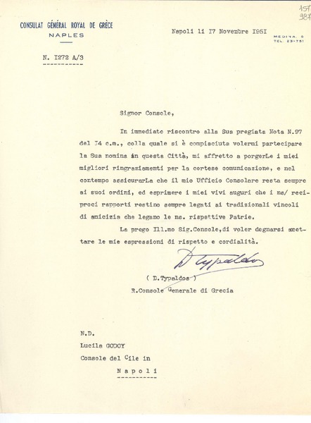 [Carta] 1951 nov. 17, Napoli, [Italia] [a] Lucila Godoy, Console del Cile in Napoli