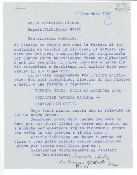 [Carta] 1951 nov. 27, Bari, [Italia] [a] Gentilissima Console