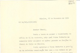 [Carta] 1951 nov. 27, Nápoles, [Italia] [a] Senhor Consul do Chile en Nápoles