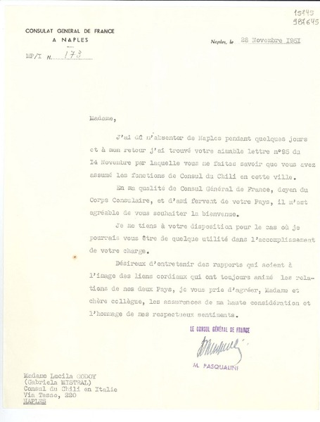 [Carta] 1951 nov. 28, Naples, [Italia] [a] Madame Lucila Godoy, Consul du Chili en Italie, Naples