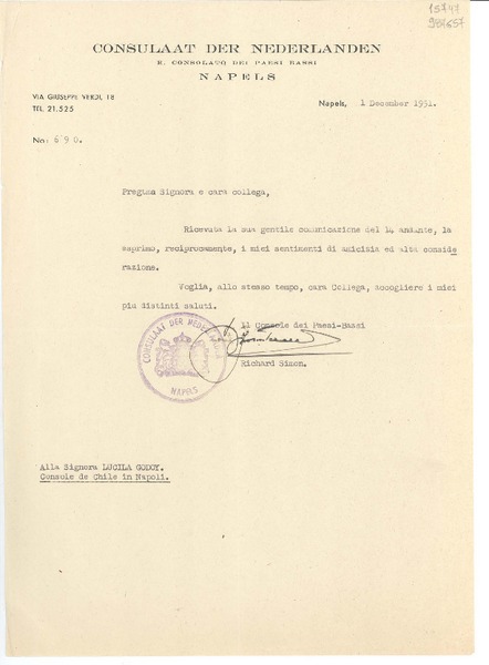 [Carta] 1951 dic. 1, Napels, [Italia] [a] Signora Lucila Godoy, Console de Chile in Napoli
