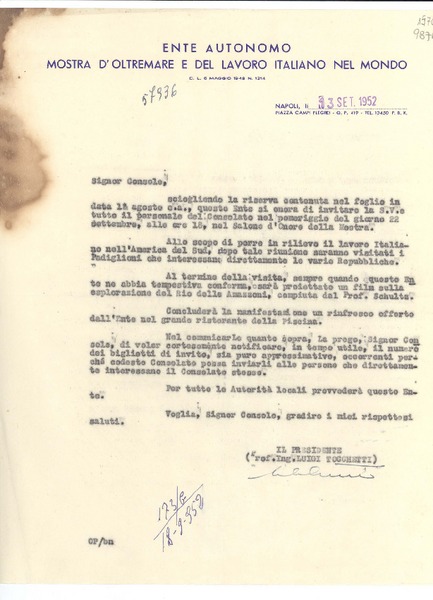 [Carta] 1952 sett. 13, Napoli, [Italia] [al] Signor Console, [Italia]