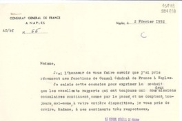 [Carta] 1952 févr. 2, Naples, [Italia] [a] Madame Lucila Godoy, Consul du Chili, Naples