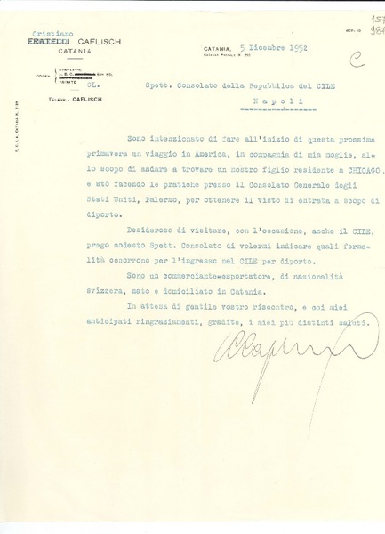 [Carta] 1952 dic. 5, Catania, [Italia] [a] Consolato della Repubblica del Cile, Napoli