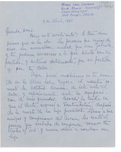 [Carta] 1957 abr. 3, Visva Bharati University, Santikiketan, West Bengal, India [a] Doris Dana, [New York, Estados Unidos]