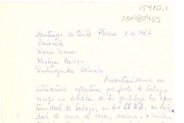 [Carta] 1957 feb. 8, Santiago, Chile[a] Doris Dana, Roslyn Harbor, [New York, Estados Unidos]