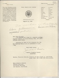 [Carta] 1946 Aug. 14, Washington, D. C., U.S.A. [a] Miss Gabriela Mistral, Chilean Consulate, Auditorium Building, Los Angeles, California, [EE.UU.]