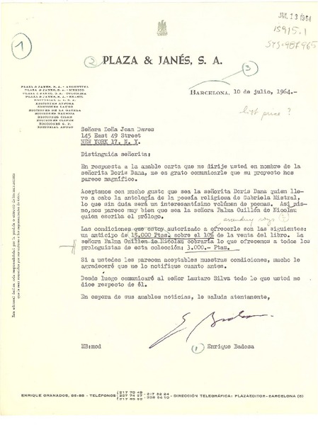 [Carta] 1964 jul. 10, Barcelona, [España] [a] Joan Daves, New York, [Estados Unidos]