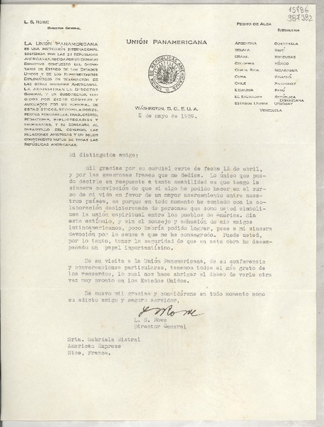 [Carta] 1939 mayo 2, Washington, D. C., E.U.A. [a] Srta. Gabriela Mistral, American Express, Nice, France