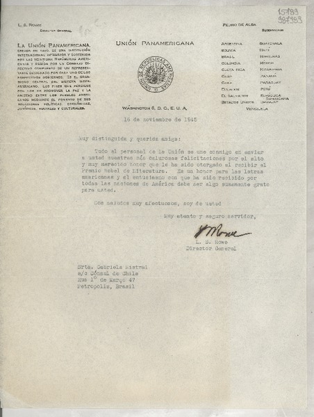 [Carta] 1945 nov. 16, Washington, D. C., E.U.A. [a] Srta. Gabriela Mistral, Petrópolis, Brasil