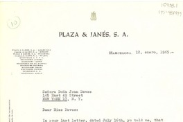 [Carta] 1965 ene. 12, Barcelona, [España] [a] Joan Daves, New York, [Estados Unidos]