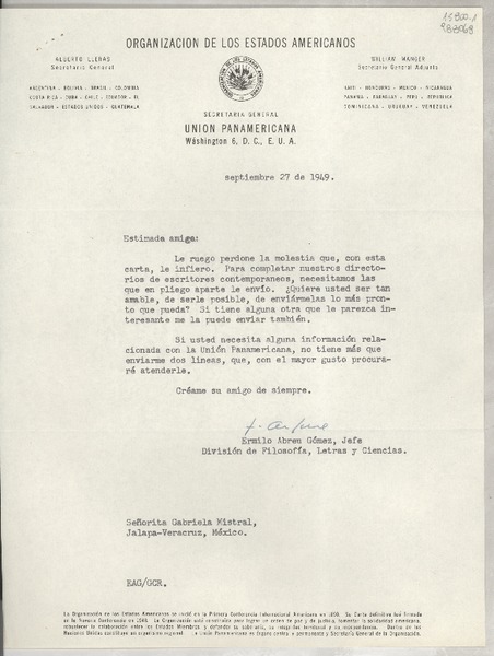 [Carta] 1949 sept. 27, Washington 6, D. C., E.U.A. [a la] Señorita Gabriela Mistral, Jalapa-Veracruz, México