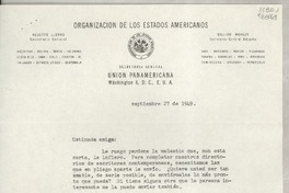 [Carta] 1949 sept. 27, Washington 6, D. C., E.U.A. [a la] Señorita Gabriela Mistral, Jalapa-Veracruz, México