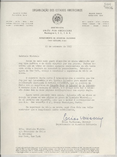 [Carta] 1953 set. 23, Washington 6, D. C., E. U. A. [a la] Srta. Gabriela Mistral, ac Consulado de Chile, 61 Broadway, New York, New York, [EE.UU.]