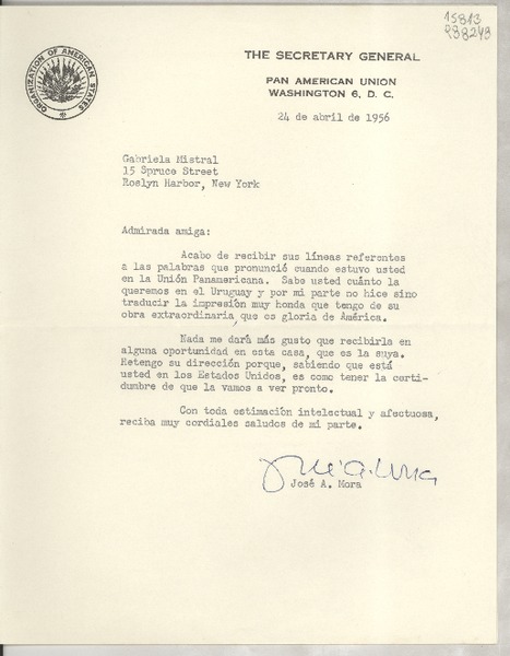 [Carta] 1956 abr. 24, Pan American Union, Washington 6, D. C., [EE.UU.] [a] Gabriela Mistral, 15 Spruce Street, Roslyn Harbor, New York, [EE.UU.]