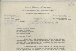 [Carta] 1945 Nov. 23, Hay-Adams House, Washington, D. C., [EE.UU.] [a la] Señorita Gabriela Mistral, Consulado de Chile, 60 Rua Buarque de Macedo, Petrópolis, Brazil