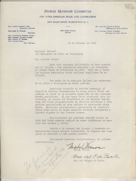 [Carta] 1946 feb. 16, Hay-Adams House, Washington, D. C., [EE.UU.] [a] Gabriela Mistral co Embajador de Chile en Washington, [EE.UU.]