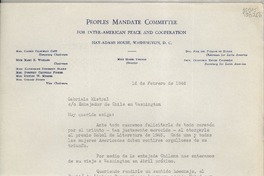 [Carta] 1946 feb. 16, Hay-Adams House, Washington, D. C., [EE.UU.] [a] Gabriela Mistral co Embajador de Chile en Washington, [EE.UU.]