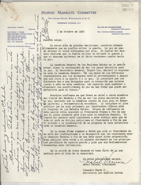 [Carta] 1950 oct. 3, Washington D. C., [Estados Unidos] [a] Querida amiga