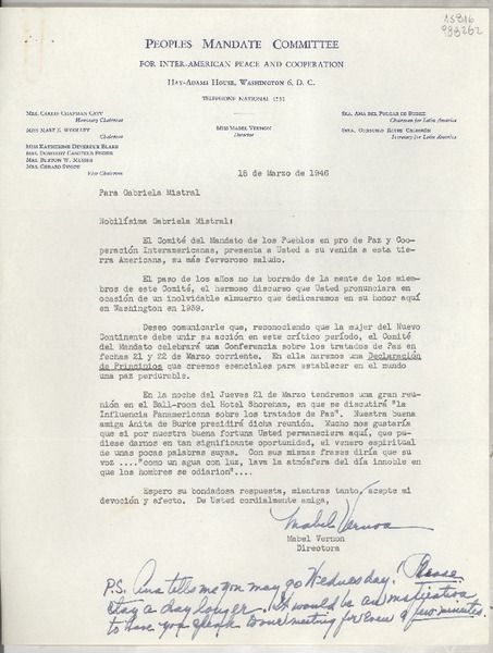 [Carta] 1946 mar. 18, Hay-Adams House, Washington 6, D. C., [EE.UU.] [a] Gabriela Mistral