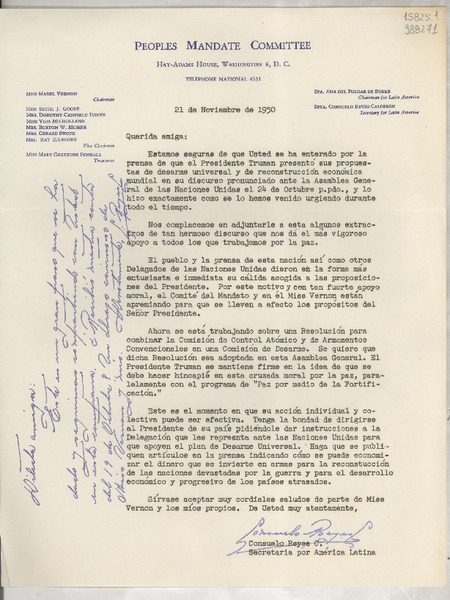 [Carta] 1950 nov. 21, Washington D. C., [Estados Unidos] [a] Querida amiga