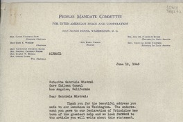 [Carta] 1946 June 12, Hay-Adams House, Washington 6, D. C., [EE.UU.] [a la] Señorita Gabriela Mistral, Care Chilean Consul, Los Angeles, California, [EE.UU.]